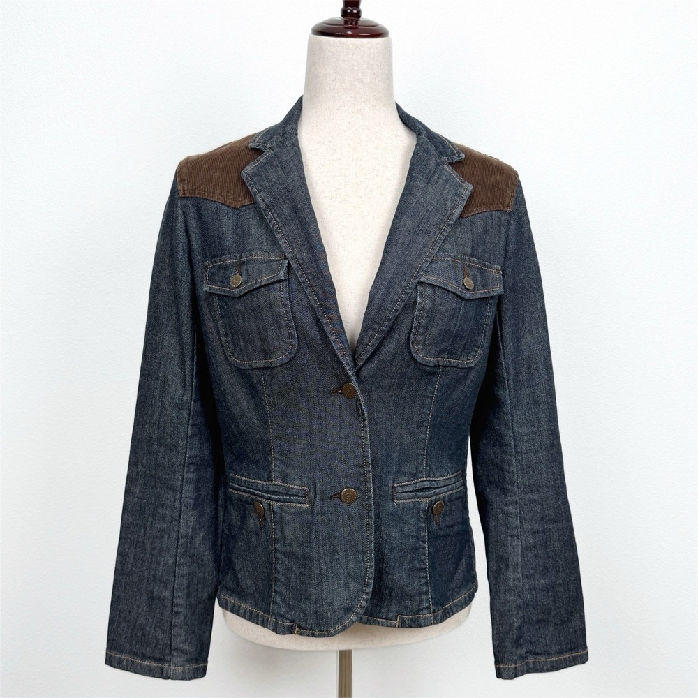 Eddie Bauer Jacket Womens SP Blue Brown Denim Corduroy Blazer Retro Western Boho
